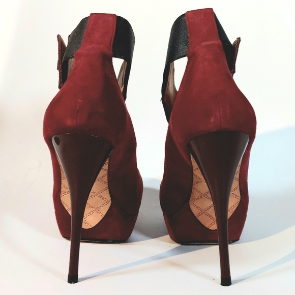 L.A.M.B. Burgundy suede Blade T-strap stiletto platform pumps, 9.5, never worn - Picture 6 of 16